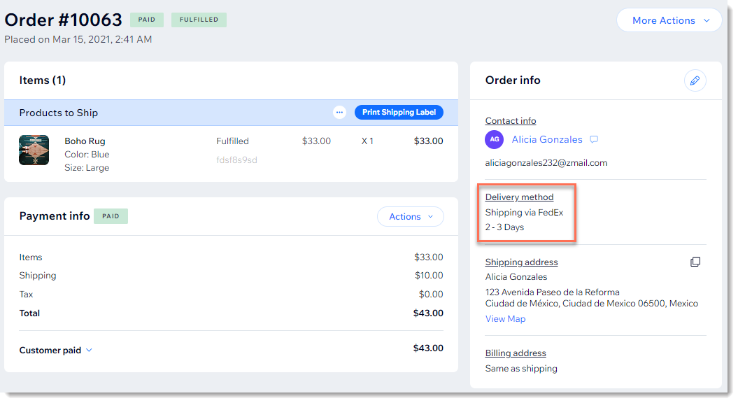 Screenshot of a store order with the delivery method outlined