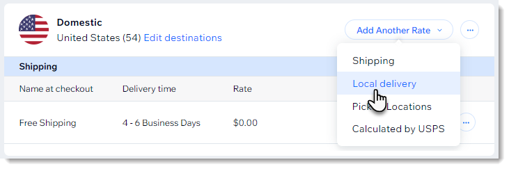 Screenshot of the shipping setup page in Wix stores, where you select Local Delivery
