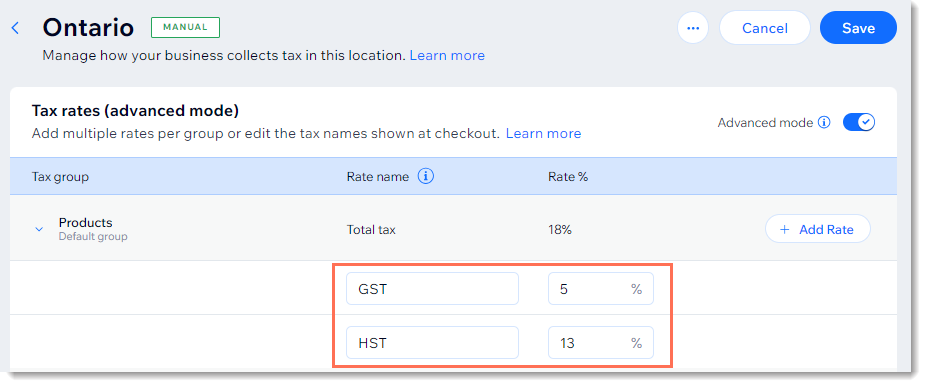 Capture d'écran de la page de taxe avec le mode avancé activé, montrant 2 taxes configurées pour un emplacement