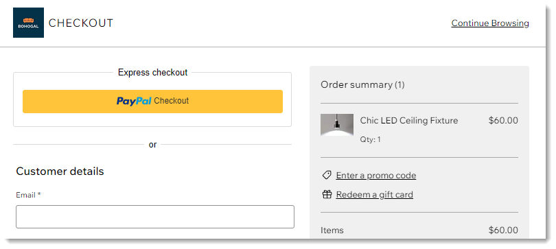 Screenshot of the top of the checkout page in a Wix store with an express checkout button