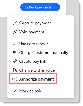 Screenshot of the Collect Payment button in the Wix dashboard