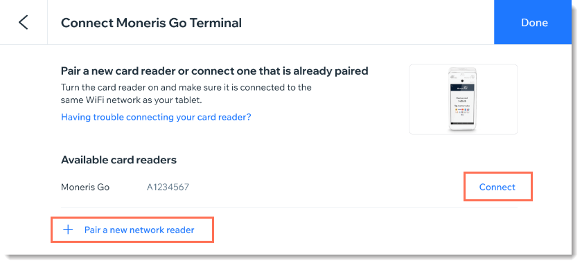 Screenshot of Moneris go terminal connection screen in the Wix Retail POS system