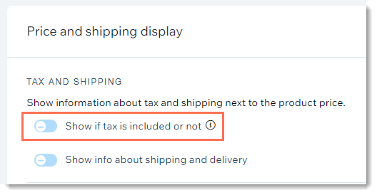 Screenshot delle impostazioni del negozio nel Pannello di controllo con l'interruttore di visualizzazione delle imposte in evidenza