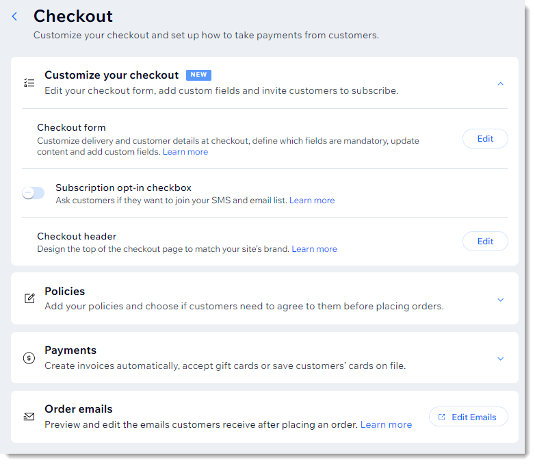 Screenshot of the checkout settings customization page