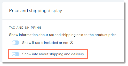 Screenshot delle impostazioni del negozio nel Pannello di controllo con l'interruttore di visualizzazione di spedizione e consegna in evidenza