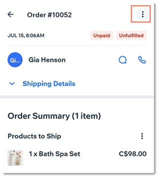 Captura de tela de um pedido no app mobile do Wix