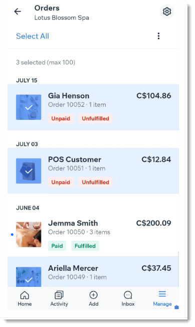 Captura de tela da aba Pedidos no app mobile do Wix, com vários pedidos da loja selecionados