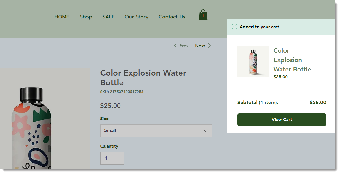 고객이 카트에 추가 버튼을 클릭한 후 성공 팝업청이 표시된 Wix Store의 스크린샷