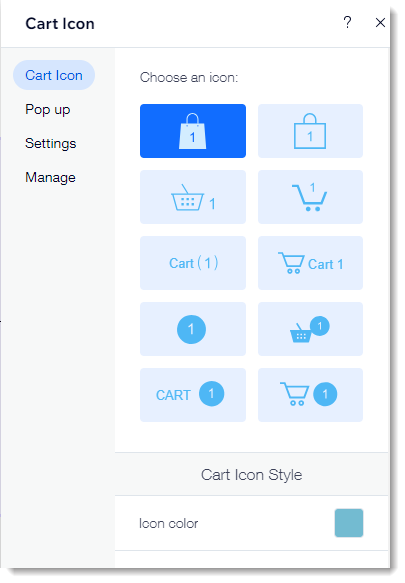 Wix 사이트의 카트 아이콘 설정 패널 스크린샷