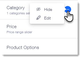 Capture d'écran des paramètres de filtre dans la page de catégorie d'un site Wix