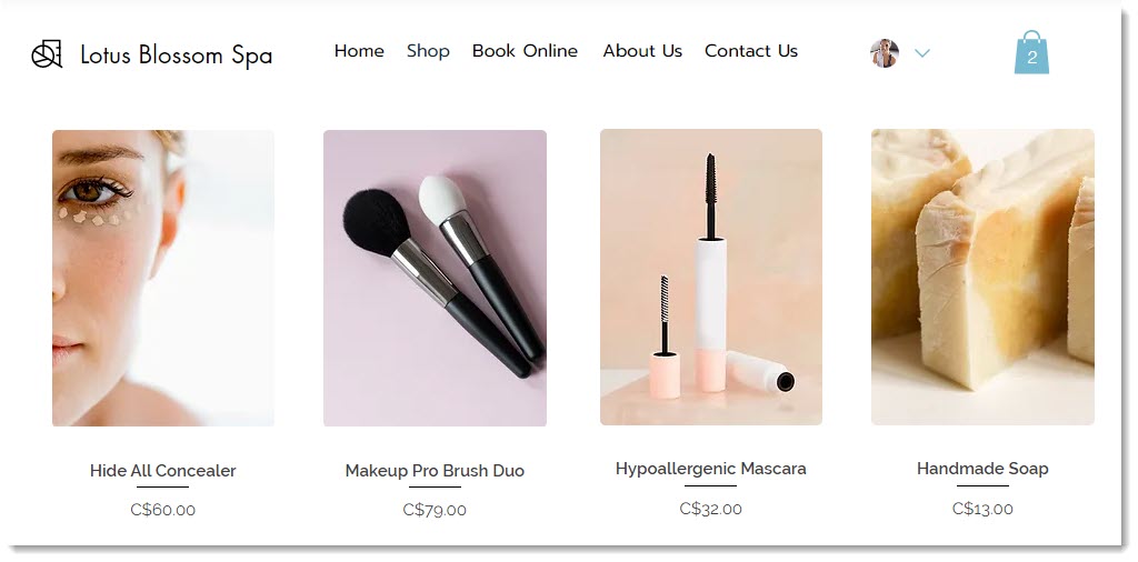 Captura de tela de um exemplo de site Wix com o Wix Stores
