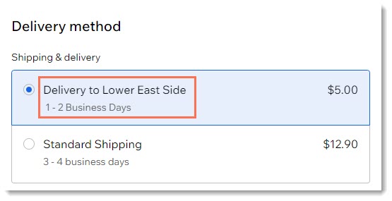 Screenshot of the delivery options on the checkout page of a Wix site