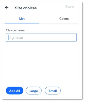 Screenshot of the screen where you can create a new product option choice for a Wix stores product in the Wix mobile app