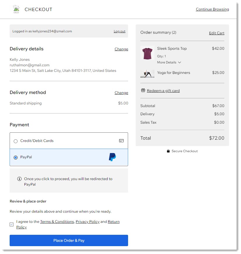 Screenshot della pagina di checkout in un sito Wix