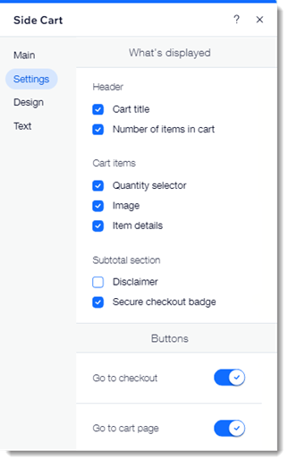 Captura de pantalla del panel de ajustes del nuevo carrito lateral en el Editor de Wix.