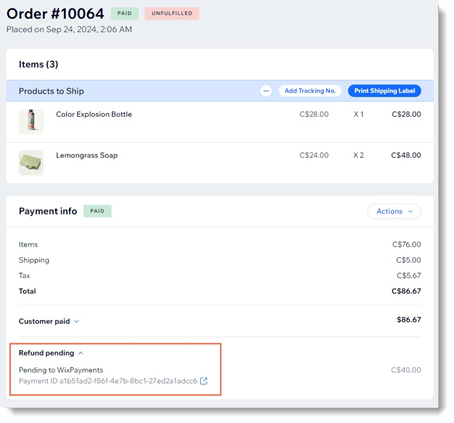 Screenshot of an order in the Wix dashboard with a pending refund status