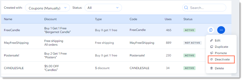 Kuponu devre dışı bırak seçeneğinin vurgulandığı Wix kontrol panelindeki kupon listesinin ekran görüntüsü