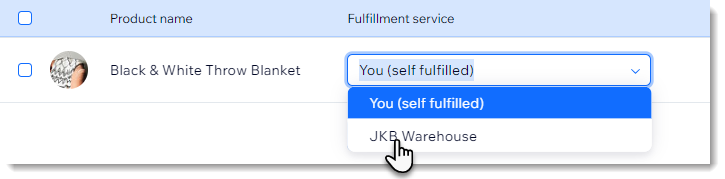 Screenshot of the page where you assign products to a fulfillment service in Wix stores