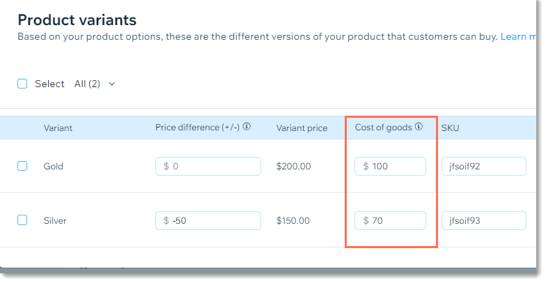 Screenshot of the page where you manage pricing for product options in Wix stores, with cost of goods outlined