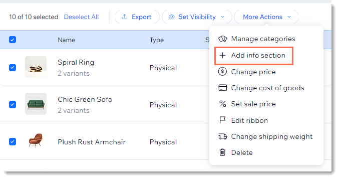 Screenshot of the product list in a Wix Stores with multiple products selected and the Add info section option outlined
