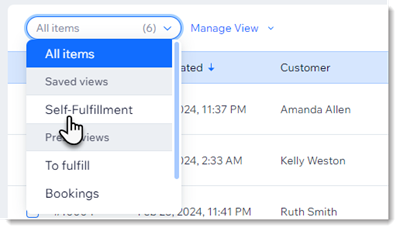 Screenshot of the View drop-down where you can select a saved view in the Orders page in the Wix dashboard