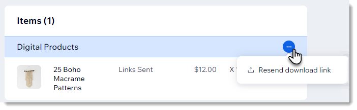 다운로드 링크 재발송을 보여주는 Wix 대시보드의 디지털 제품 쇼핑몰 주문 일부 스크린샷