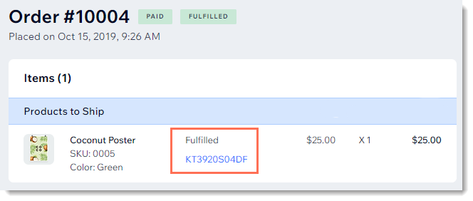 Screenshot of part of a store order in the Wix dashboard with the tracking number outlined