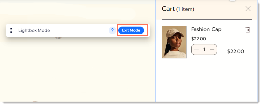 Screenshot van de Wix Editor met een deel van de zwevende winkelwagen zichtbaar en de Modus sluiten-knop omlijnd