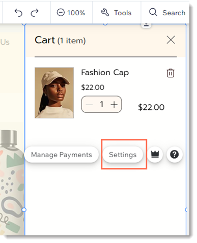 Screenshot of the Wix editor with part of the Side Cart visible and the Settings button outlined