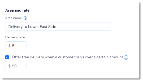 Screenshot of part of the screen where you set up local delivery in Wix Stores