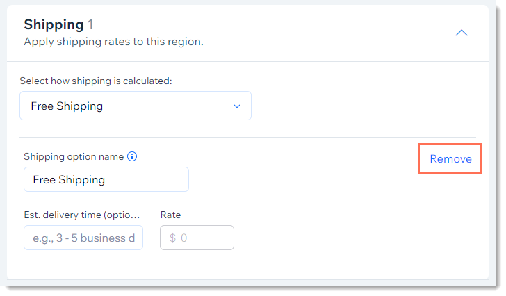 Screenshot of a free shipping rule in a shipping region for a Wix Store