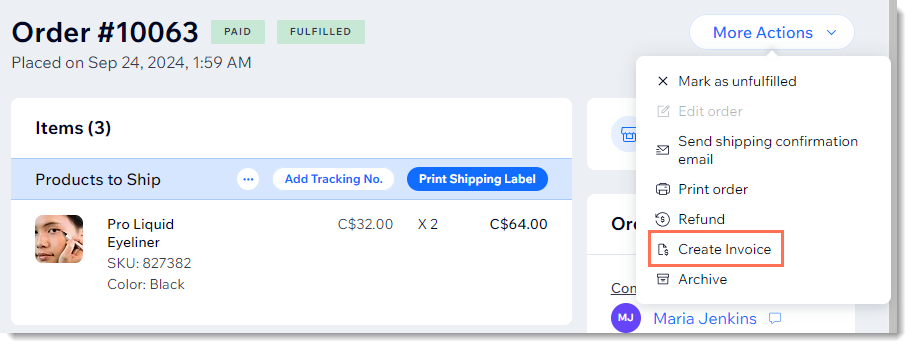 Screenshot of a POS order in the Wix Orders tab, with the create invoice button outlined