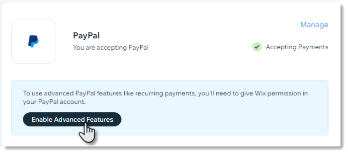 Screenshot of the Enable Advanced Features button for PayPal in the Wix accept payment tab