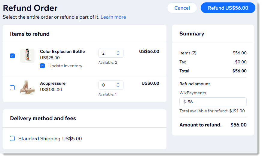 Screenshot of part of the Refund Order page in the Wix dashboard