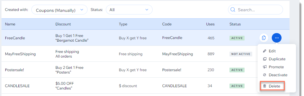삭제 옵션이 윤곽선으로 표시된 Wix 대시보드의 쿠폰 목록 스크린샷