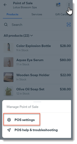 Screenshot of a Wix App point of sale page after clicking the More Actions button with POS settings outlined