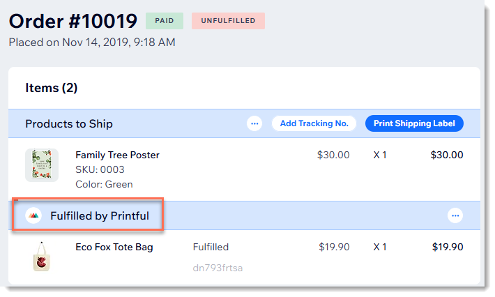 Screenshot of an order in the Wix dashboard with a Printful POD product