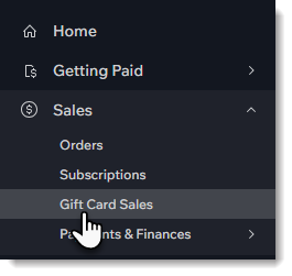 Screenshot of the Wix dashboard menu with the Gift Card Sales tab indicated