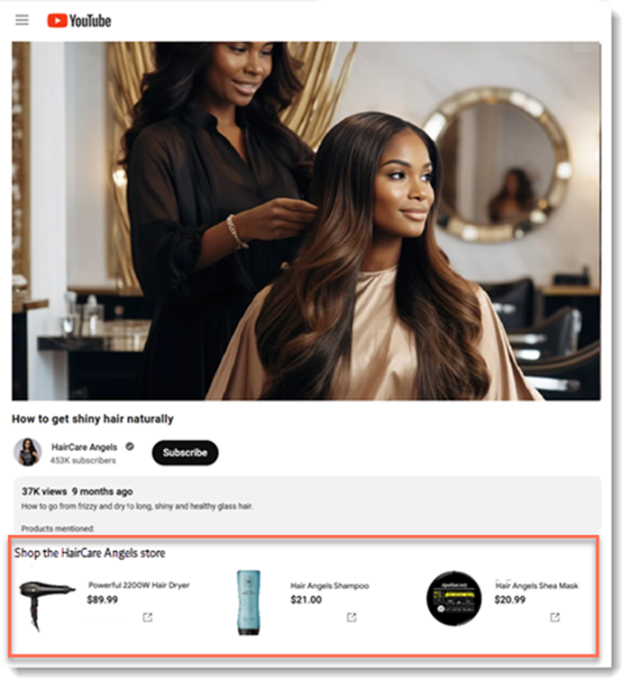YouTube チャンネルに、Wix ストアの商品が表示されている様子を示したスクリーンショット。