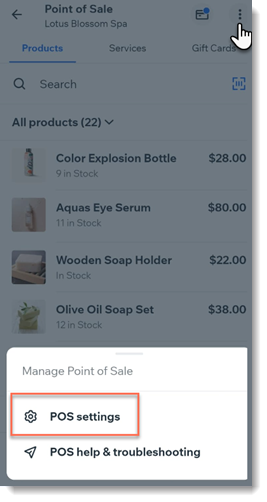 Screenshot of a Wix App point of sale page after clicking the More Actions button with POS settings outlined