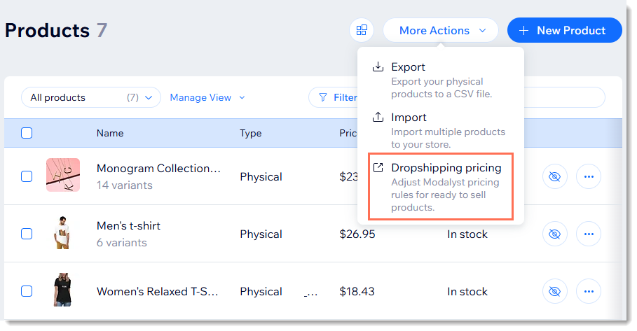 Screenshot of the more actions drop-down in the products tab, with the pricing rule option outlined