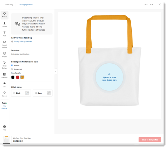 Captura de tela da tela onde você cria produtos de impressão sob demanda no painel de controle Printful