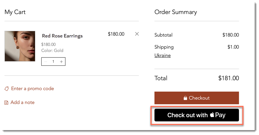 Screenshot of the Cart Page in a Wix site with the Apple Pay checkout button outlined