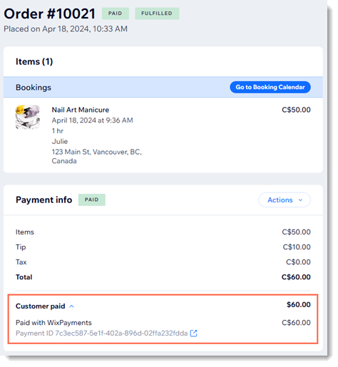 Screenshot of an order in a Wix site with the payment information outlined