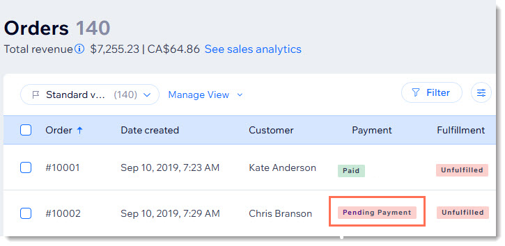 Screenshot of the Orders tab in Wix with an order with a Pending Payment status