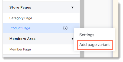Screenshot of the Pages menu in the Wix Studio editor after clicking the icon next to the Product Page in a store