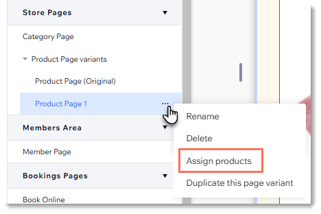 Screenshot of the Pages menu in the Wix Studio editor after clicking the icon next to the Product Page in a store