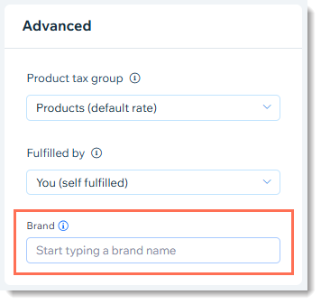 Screenshot of part of the product creation page in a Wix store where a merchant can add a brand product attribute