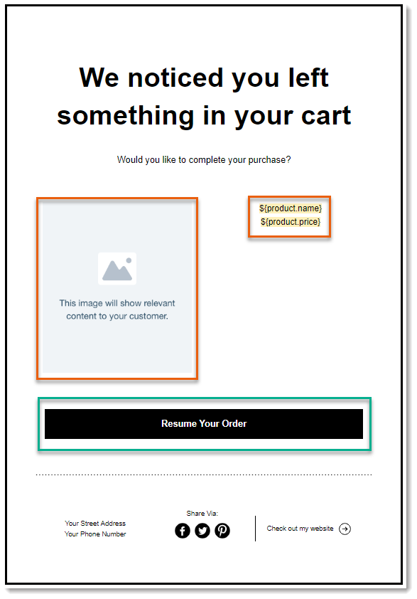 Screenshot of the abandoned cart email with dynamic parts outlined