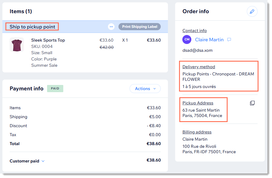 Screenshot of a store order in the Wix dashboard set to be delivered to a pickup point